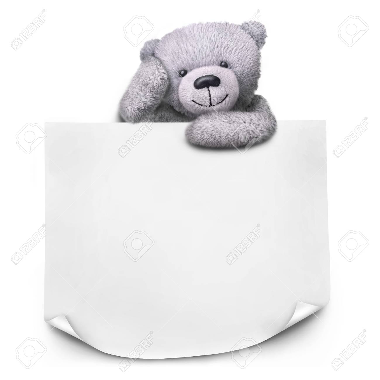 grey teddy bear with sticker paper message template on white stock