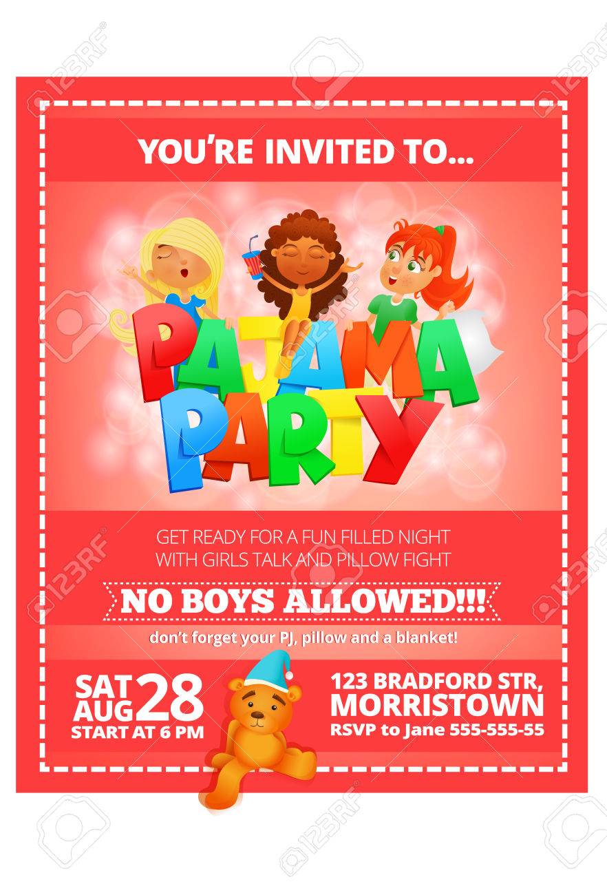 Pajama Party Invitation Pink Poster. Vector Illustration Royalty Free SVG,  Cliparts, Vectors, and Stock Illustration. Image 62445846., image size:882x1300