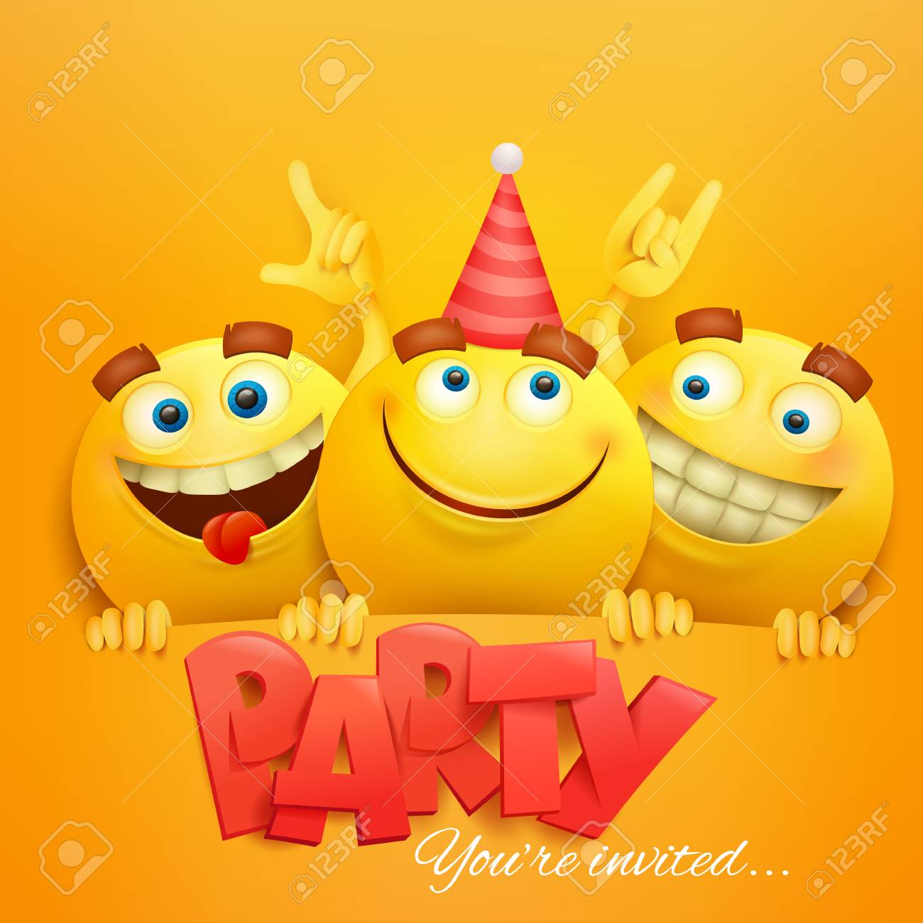 Smiley Yellow Faces Group Emoticon Characters With Party Invitation Card  Royalty Free SVG, Cliparts, Vectors, and Stock Illustration. Image 74011496., image size:1300x1300