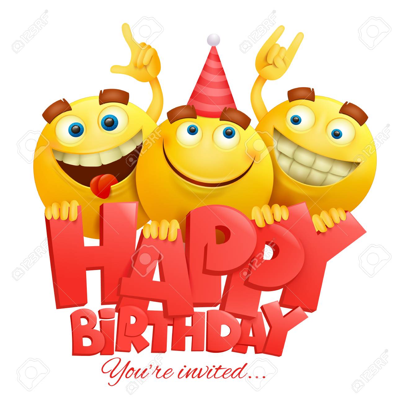 Joyeux Anniversaire Emoji Anniversaire Gratuit Smiley Jaune Fait Face À Des Personnages Emoji. Carte De Joyeux Anniversaire. Illustration Vectorielle Réaliste Clip Art Libres De Droits, Svg, Vecteurs Et Illustration. Image 74156273