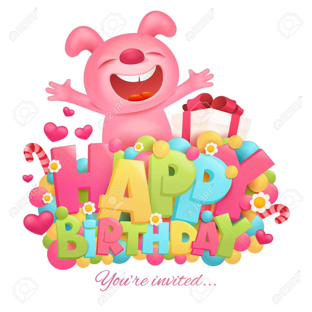 Happy Birthday Invitation Card Template With Toy Pink Bunny Emoji Cartoon  Character. Royalty Free SVG, Cliparts, Vectors, and Stock Illustration.  Image 77886808., image size:1300x1300