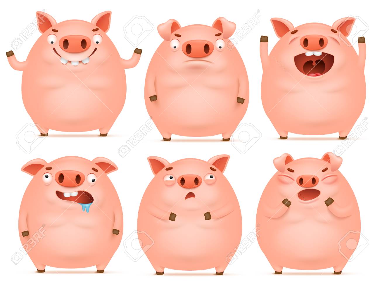 set of cute cartoon emotional pink pig characters vector