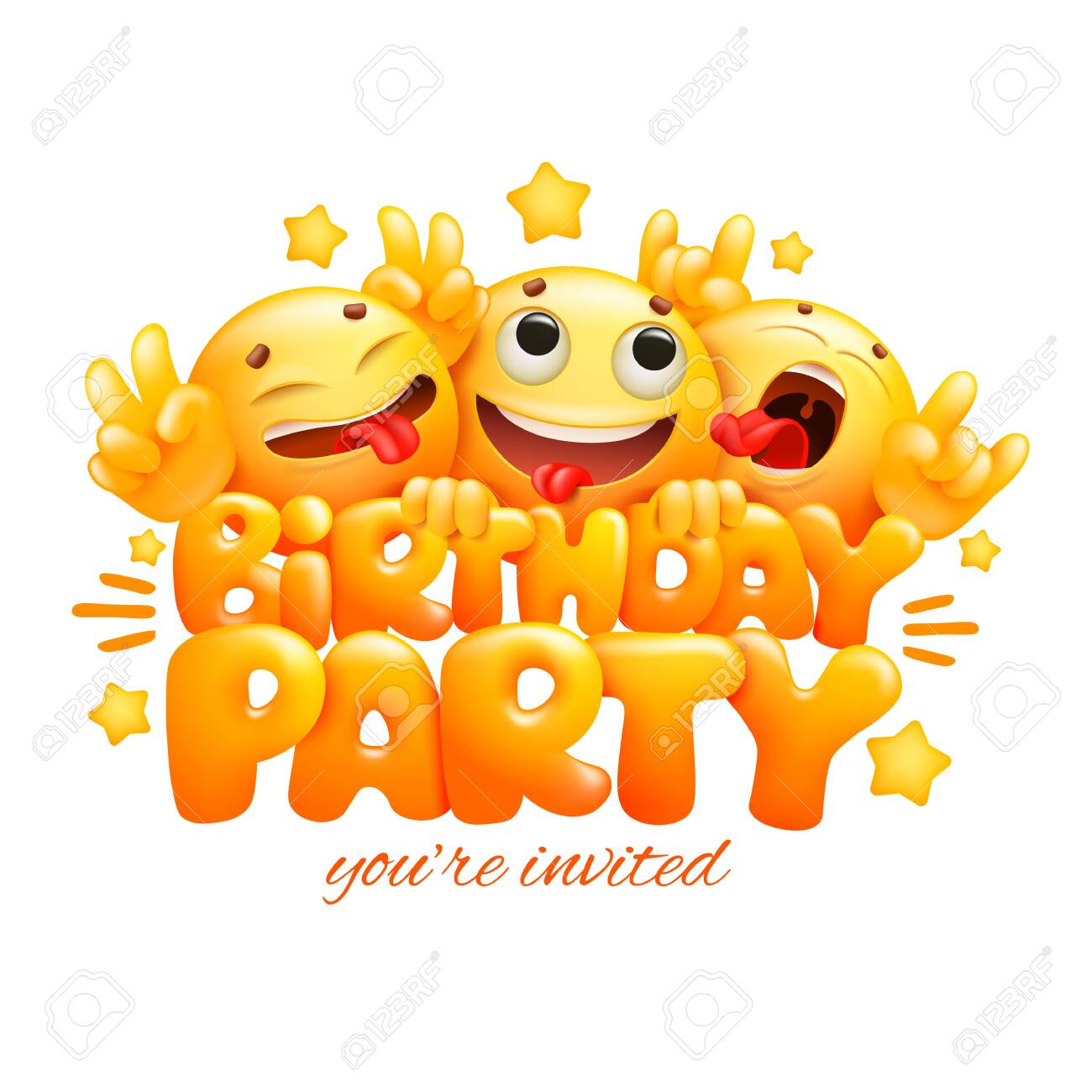Smile Yellow Faces Emoji Cartoon Characters. Birthday Party Card. Realistic  Vector Illustration Royalty Free SVG, Cliparts, Vectors, and Stock  Illustration. Image 141391112., image size:1300x1300