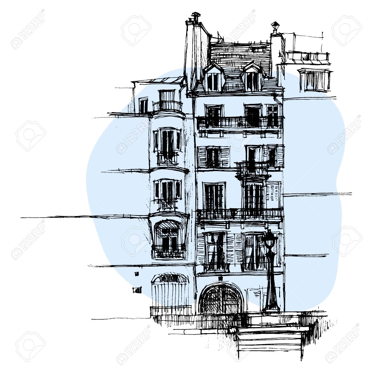 手描きのパリの家 アーバンスケッチスタイルベクトルイラスト青の背景に分離 歴史的なパリの家のスケッチスタイルの図面 建物 タウンハウス のイラスト素材 ベクタ Image