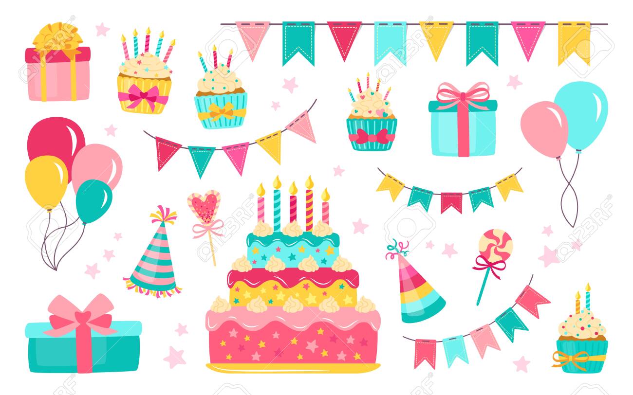 Birthday Elements Set Colorful Balloons Celebration Food And Royalty Free Cliparts Vectors And Stock Illustration Image