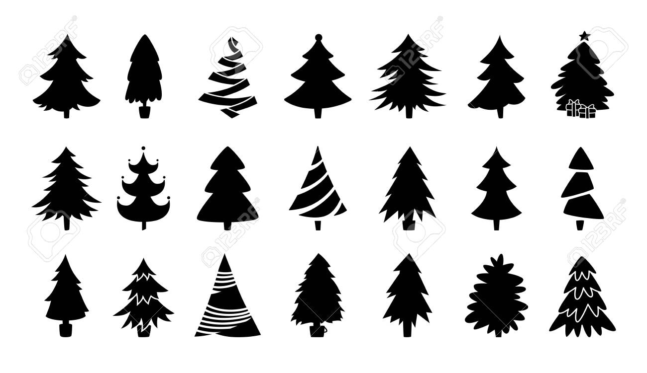 Christmas tree black silhouette collection. Hand drawing monochrome xmas trees cartoon set. New Year traditional design ornaments, stars, garlands. Stylized symbol for holiday flat vector illustration - 155089830 Christmas tree black silhouette collection. Hand drawing monochrome xmas trees cartoon set. New Year traditional design ornaments, stars, garlands. Stylized symbol for holiday flat vector illustration - 155089830