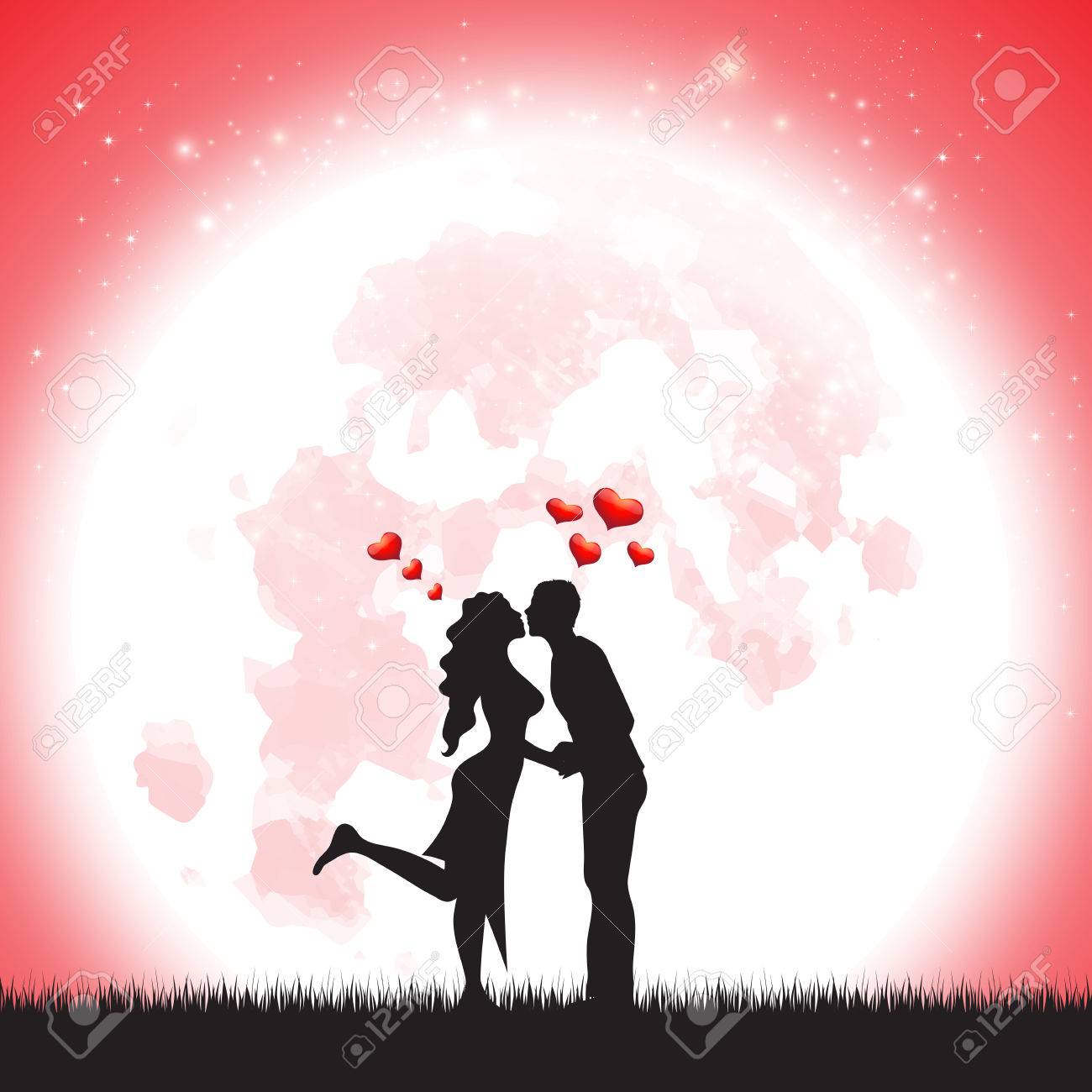 月を Moonlove でロマンチックな恋人のシルエット イラスト上でロマンチックな恋人のシルエット イラストが大好き のイラスト素材 ベクタ Image