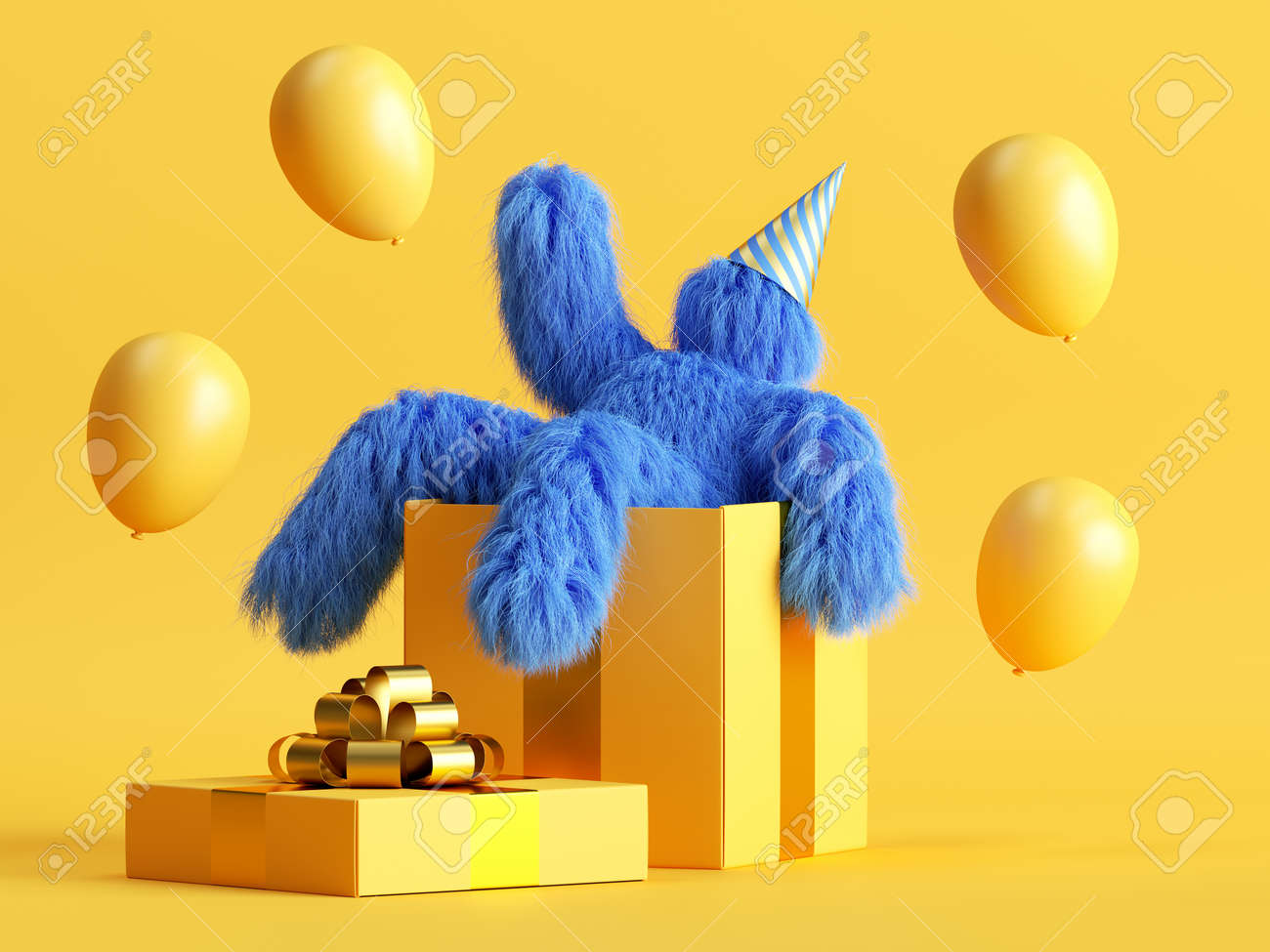 3d render, engraçado monstro azul peludo senta-se dentro da grande caixa de presente, balões de ar voador, personagem de desenho animado yeti celebrando a festa de aniversário. clip art festivo isolado no fundo amarelo - 164833382 3d render, engraçado monstro azul peludo senta-se dentro da grande caixa de presente, balões de ar voador, personagem de desenho animado yeti celebrando a festa de aniversário. clip art festivo isolado no fundo amarelo - 164833382