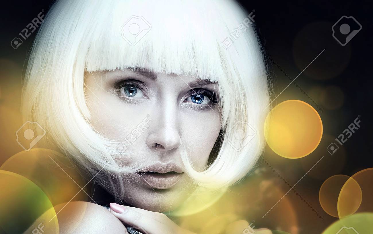 Closeup Beauty Portrait Of Stylish Young Girl With White Short