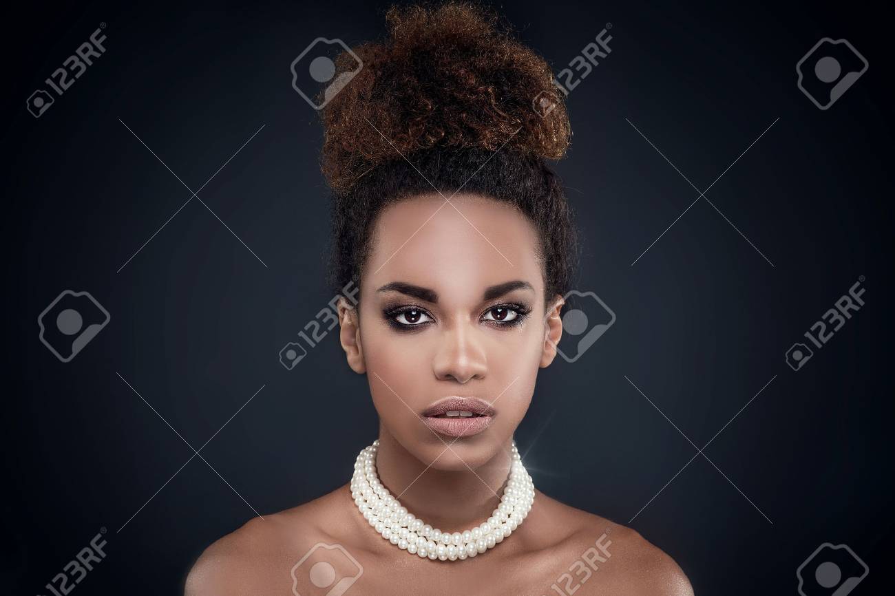 Closeup Beauty Portrait Of Elegant African American Girl Wearing