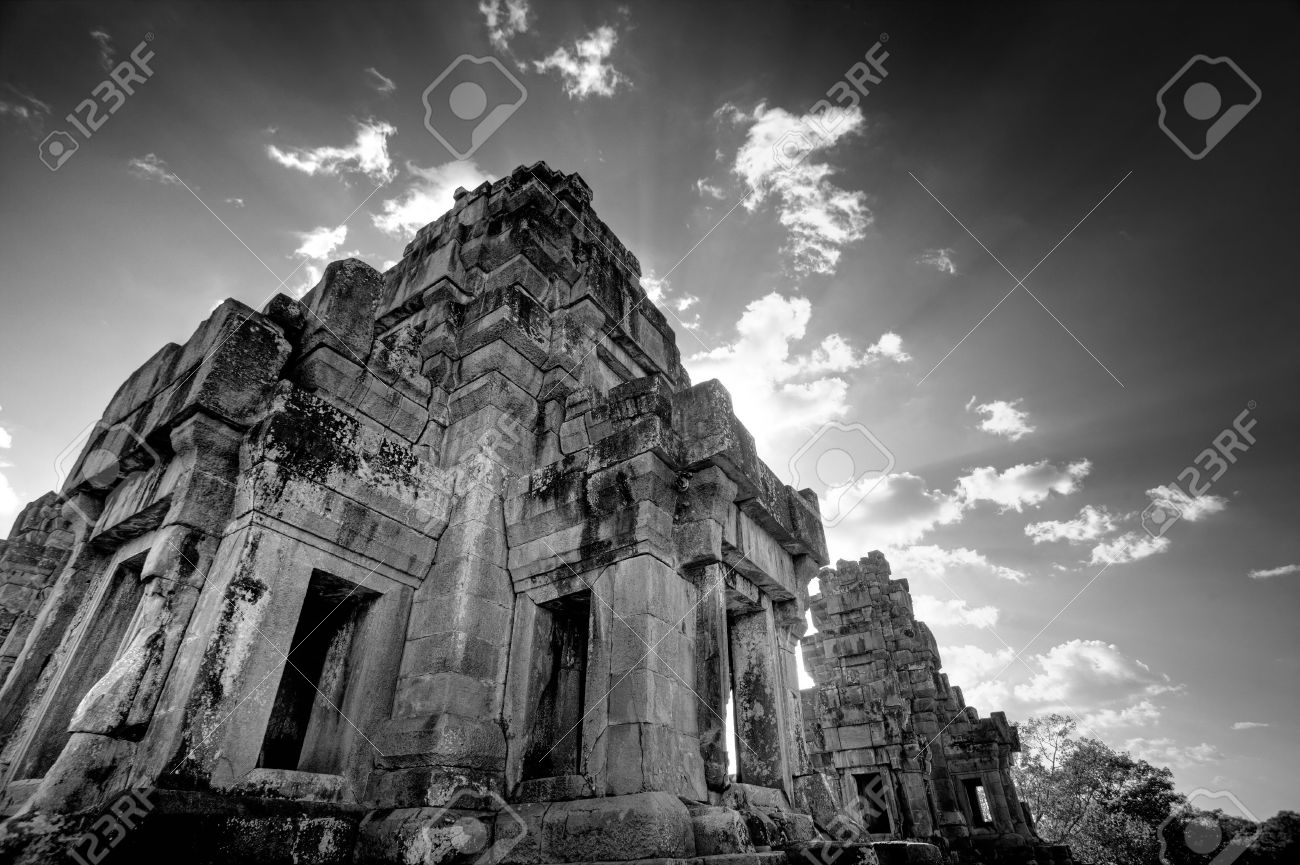 Ruins of asian ankor temple in cambodia in black white stock photo 2283118