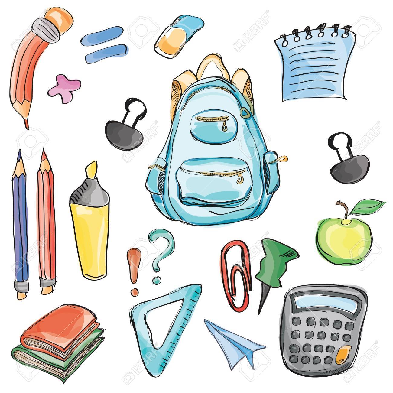 School Classroom Supplies Notebook Doodles Hand Drawn イラスト デザイン要素 フリー ハンド描画 水彩風に戻って歓迎します のイラスト素材 ベクタ Image