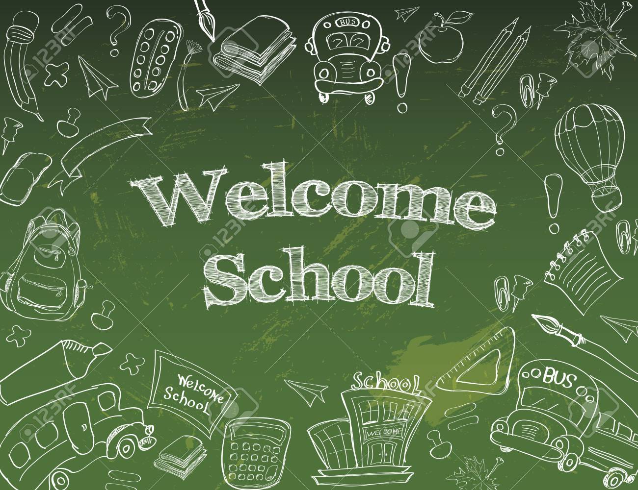 School Classroom Supplies Notebook Doodles Hand Drawn イラスト デザイン要素には フリー ハンドの描画 ベクトルへようこそ 黒板背景 のイラスト素材 ベクタ Image