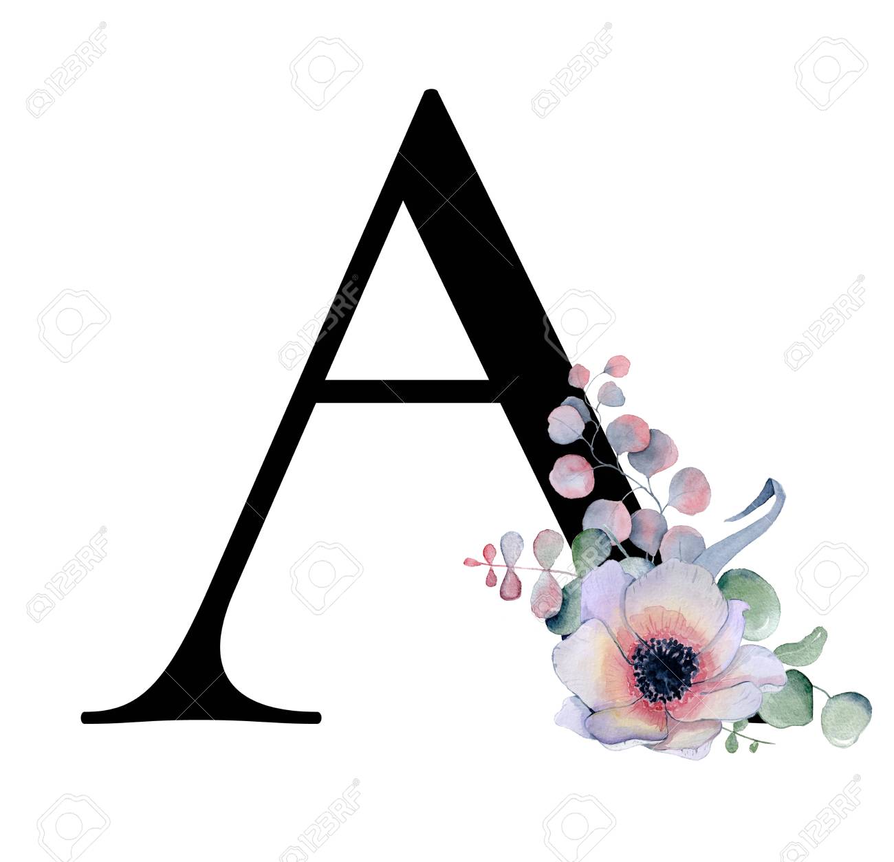 Floral watercolor alphabet. Monogram initial letter A design with hand drawn peony and anemone flower and black panther for wedding invitation, cards, logos - 101737283 Floral watercolor alphabet. Monogram initial letter A design with hand drawn peony and anemone flower and black panther for wedding invitation, cards, logos - 101737283