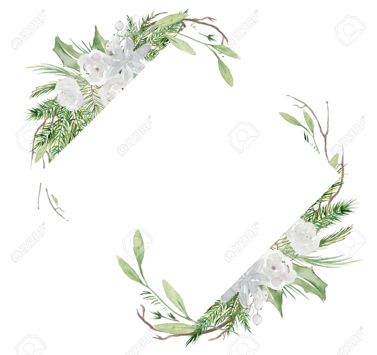 Watercolor Christmas borders with pine tree branches, berries and cotton hand drawn illustration isolated on white background - 154865301 Watercolor Christmas borders with pine tree branches, berries and cotton hand drawn illustration isolated on white background - 154865301