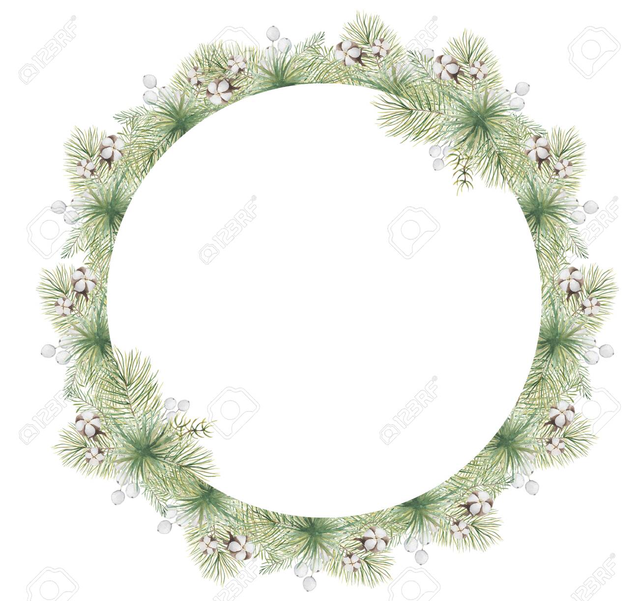 Watercolor Christmas borders with pine tree branches, berries and cotton hand drawn illustration isolated on white background - 154865364 Watercolor Christmas borders with pine tree branches, berries and cotton hand drawn illustration isolated on white background - 154865364