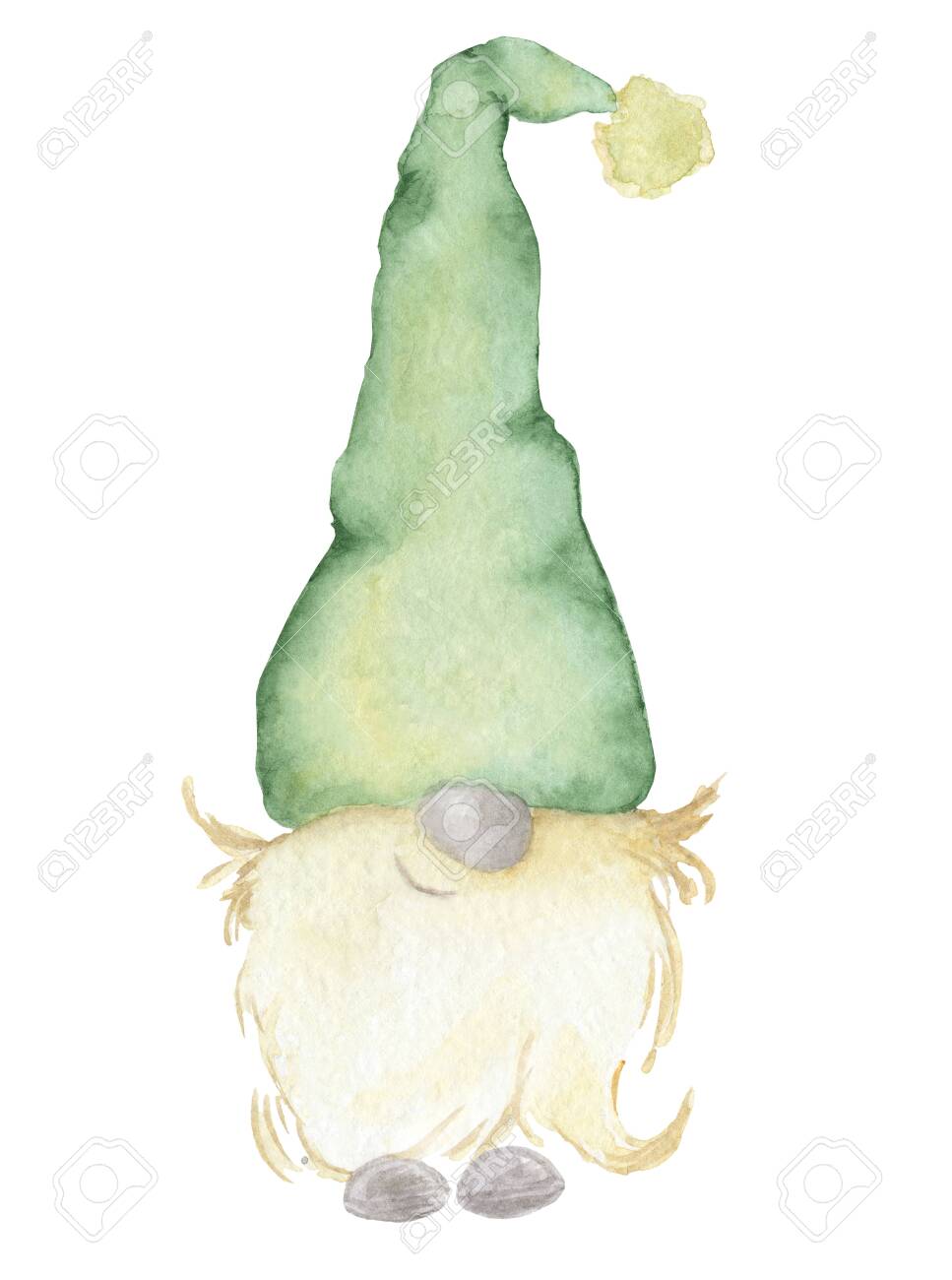 Watercolor illustration of cute christmas gnome in green hat isolated on the white background - 154865415 Watercolor illustration of cute christmas gnome in green hat isolated on the white background - 154865415