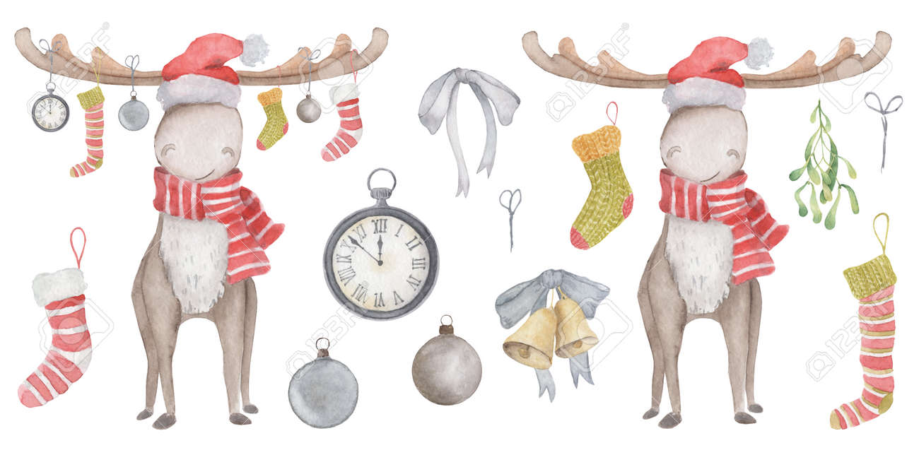 Watercolor Christmas elk in Santa hat and scarf with socks, toys and watches hanging from their horns. Illustration - 154865498 Watercolor Christmas elk in Santa hat and scarf with socks, toys and watches hanging from their horns. Illustration - 154865498
