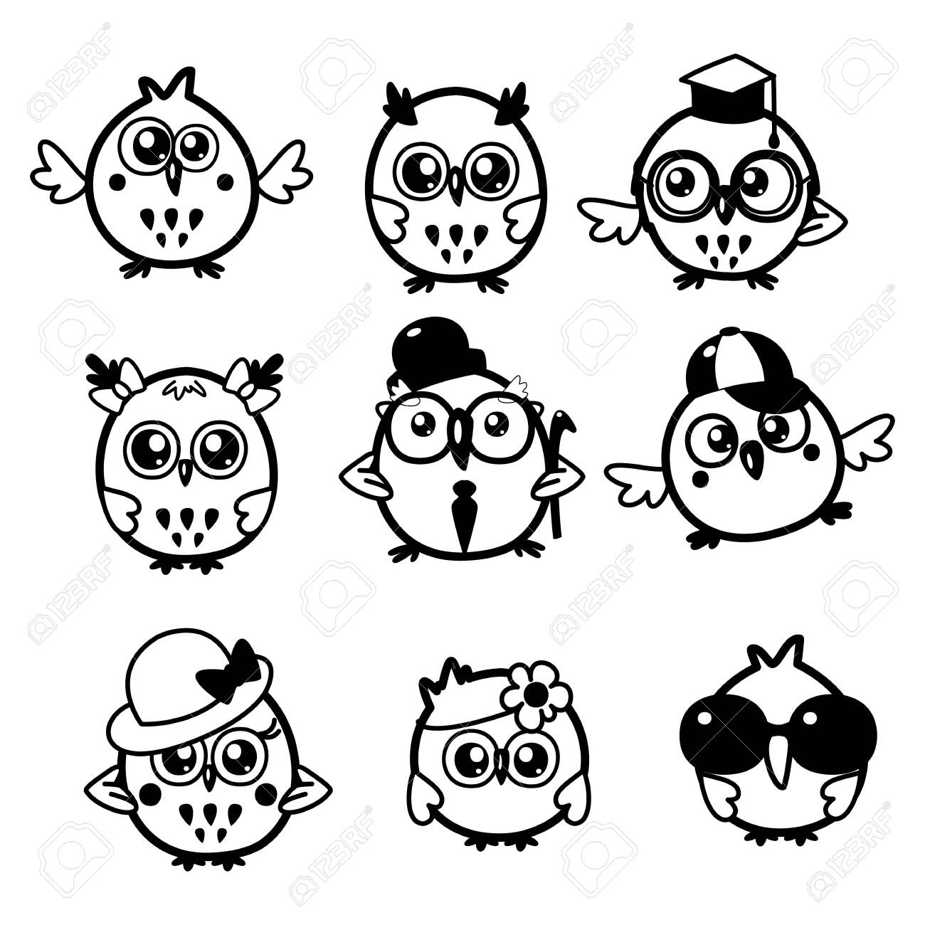 Set Of Cute Black And White Owls With Different Glasses And Hats