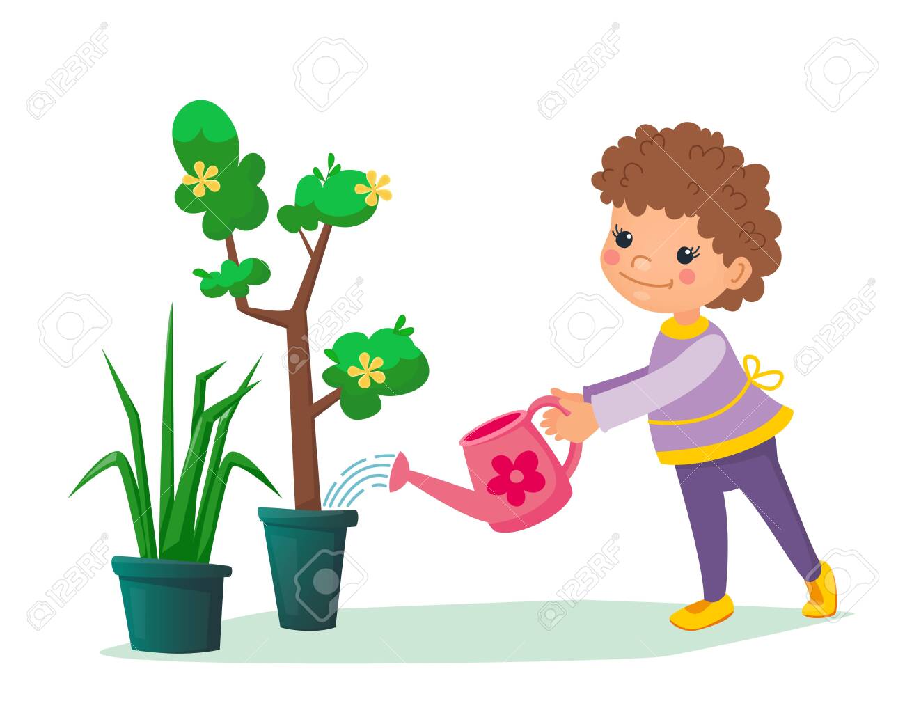 Little Child Holding A Water Can In His Hands And Watering Tree With Flowers In The