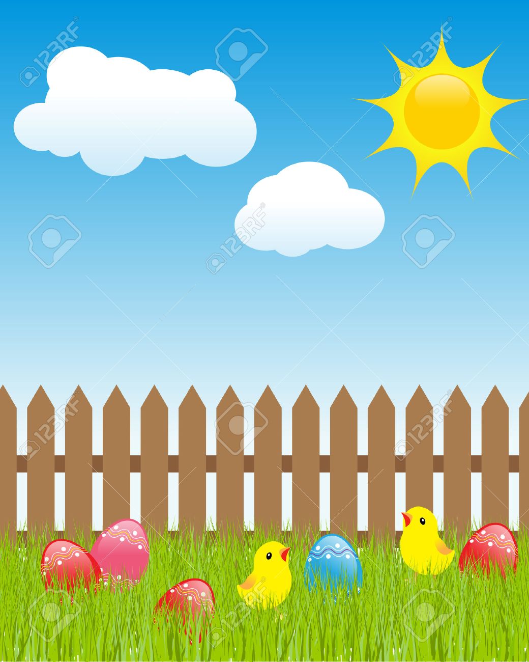 easter landscape colored eggs in green grass cartoon chickens