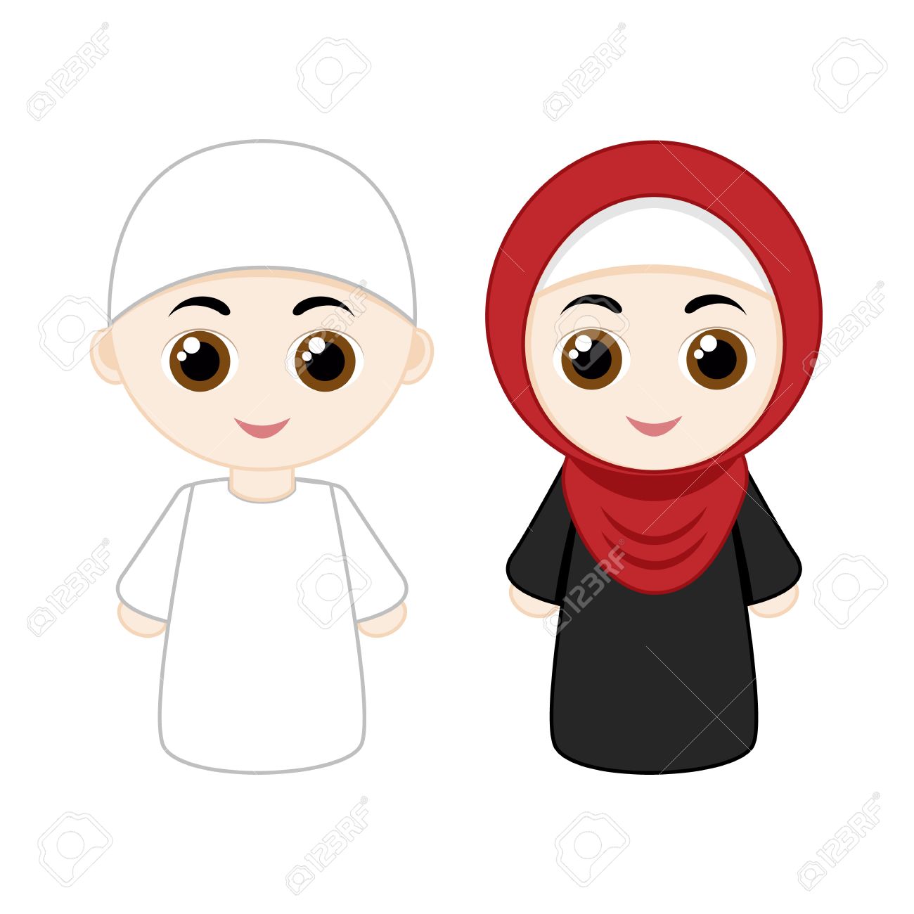 漫画イスラム教徒のカップル男性と女性は 白い背景で隔離 のイラスト素材 ベクタ Image