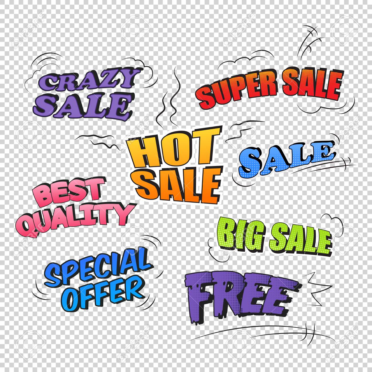 Pop アート コミック販売プロモーションの透明な背景のセットです 新しい ホット販売 無料のスーパー セール販売 のイラスト素材 ベクタ Image