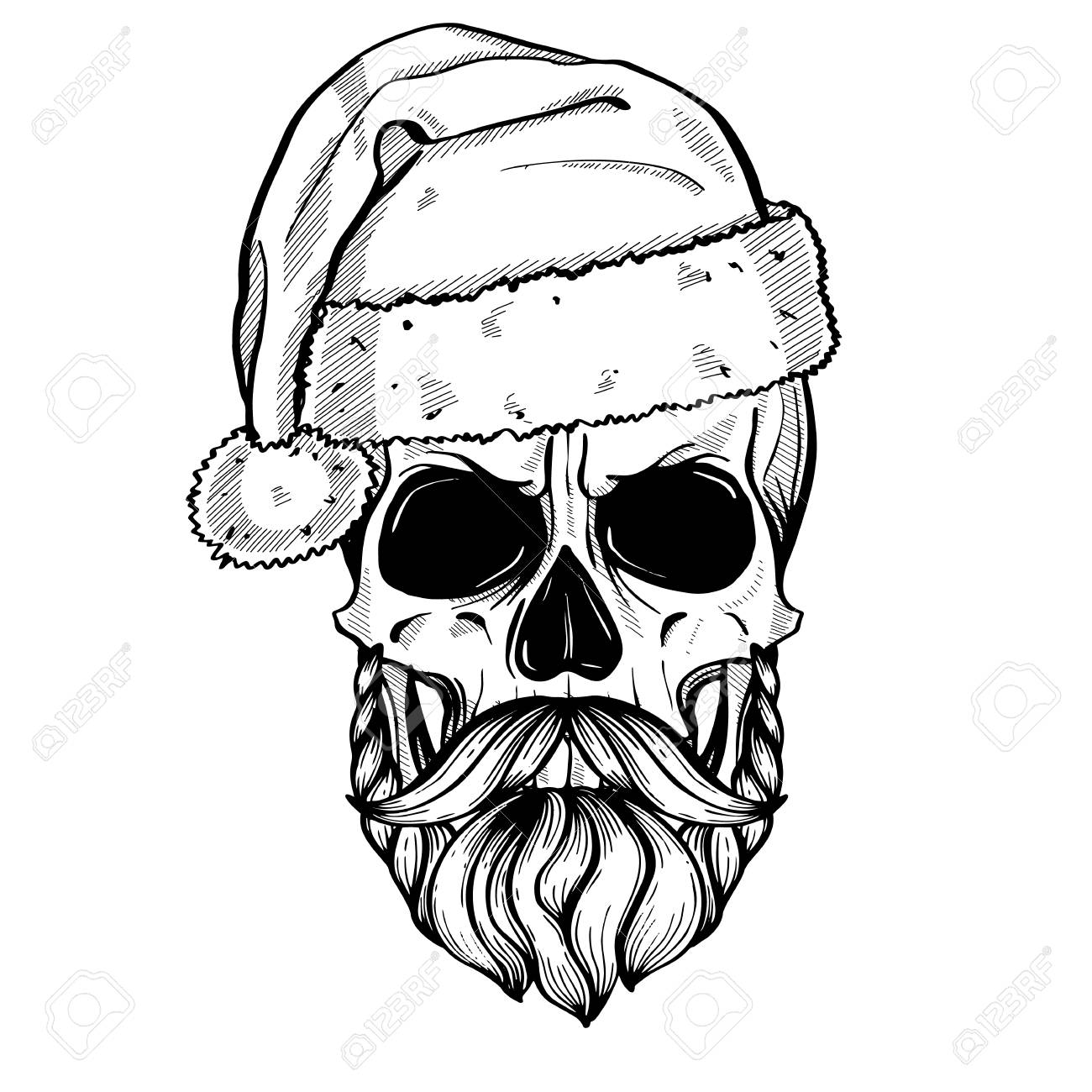 Line Art Hand Drawn Angry Skull Of Santa Claus With Mustache