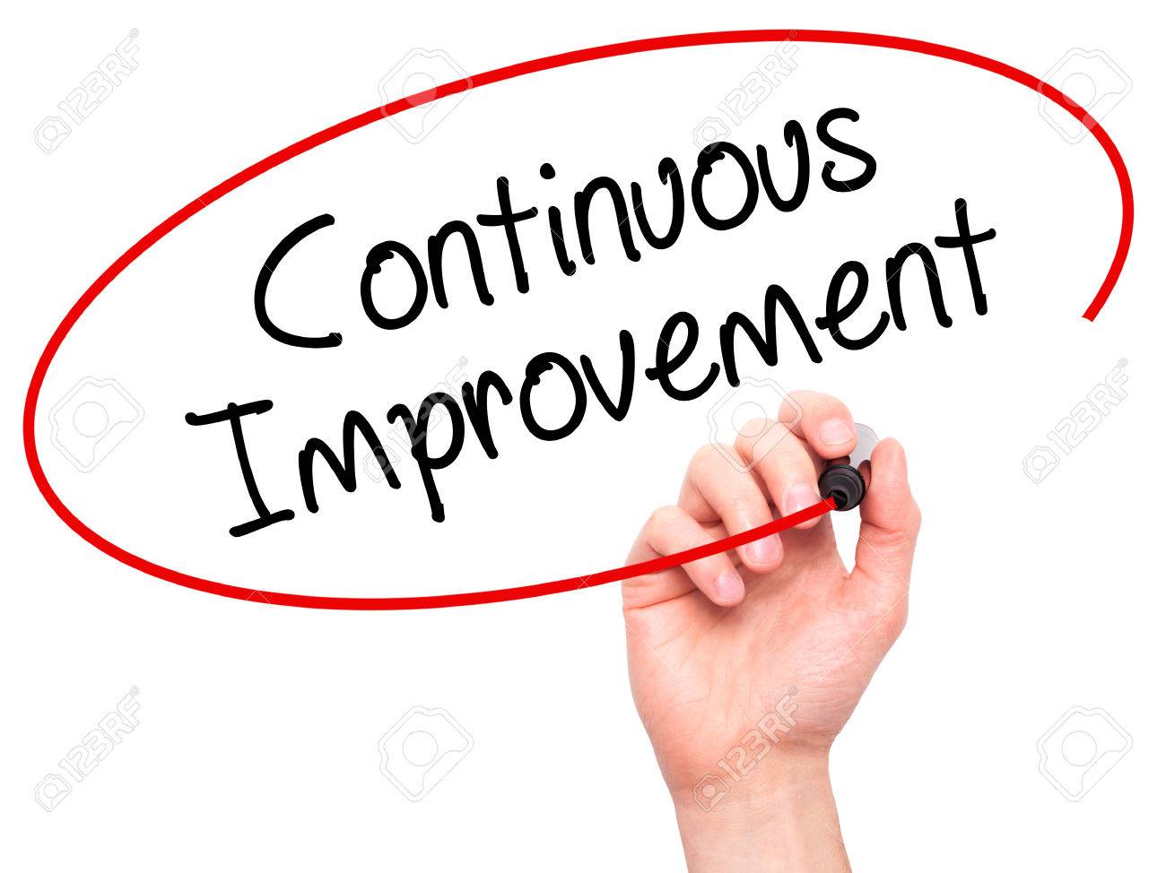 man hand writing continuous improvement with black marker on stock