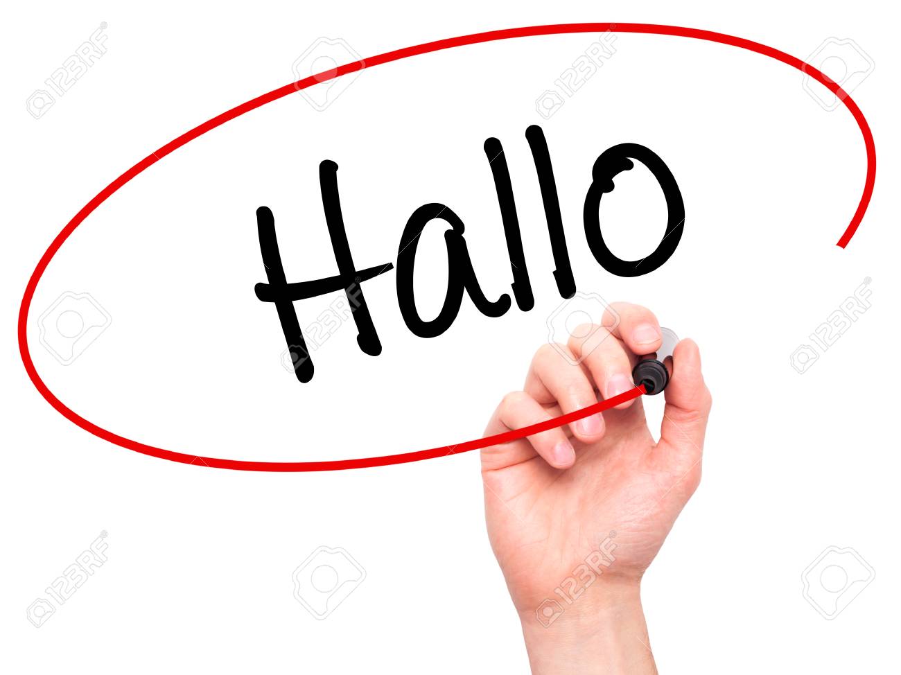 man hand writing hallo hello in german with black marker on
