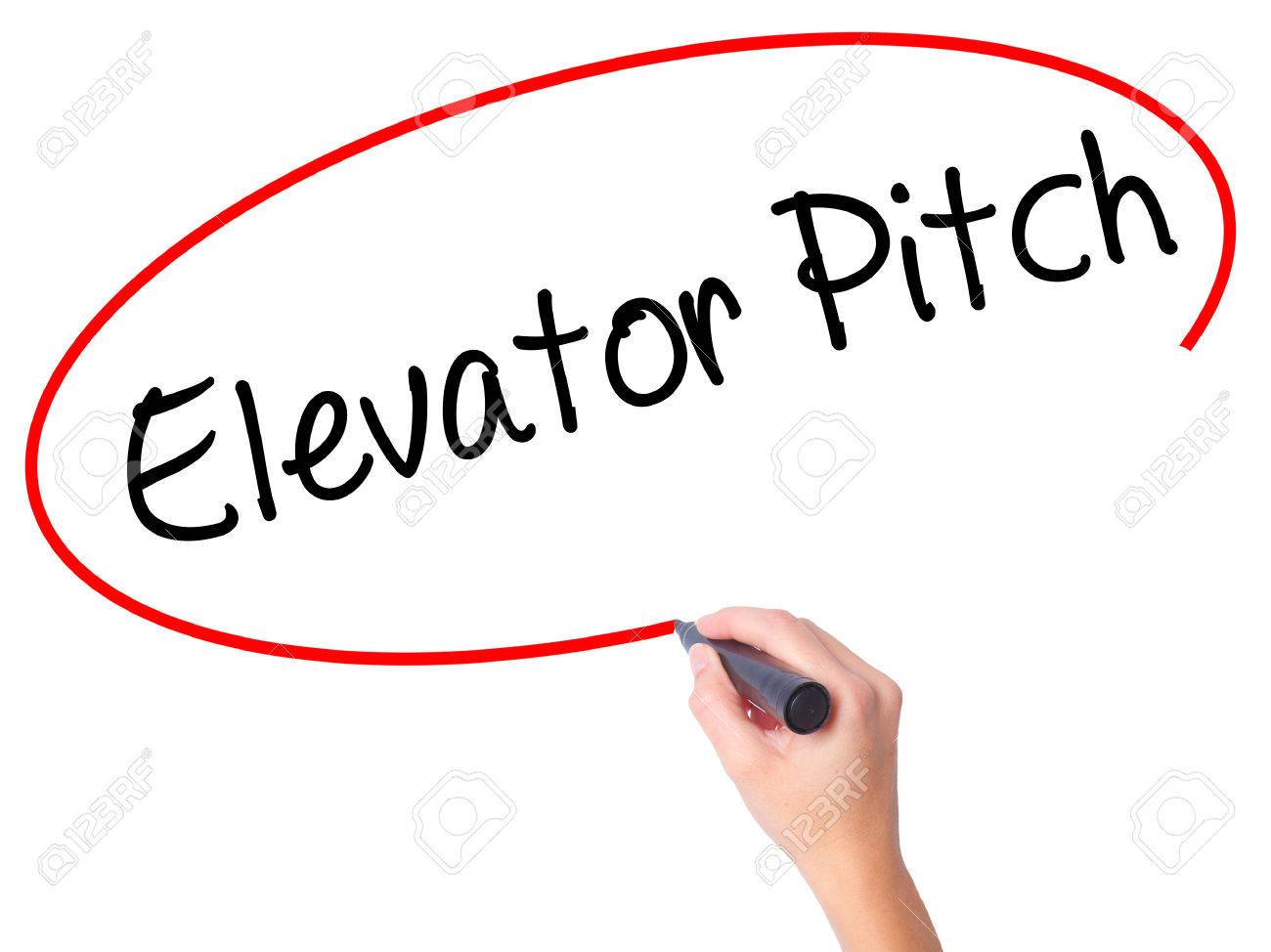 women hand writing elevator pitch with black marker on visual business elevator pitch