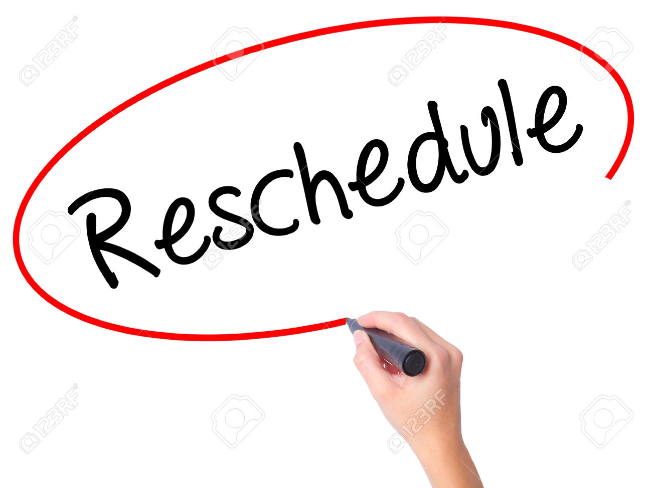 women hand writing reschedule with black marker on visual screen