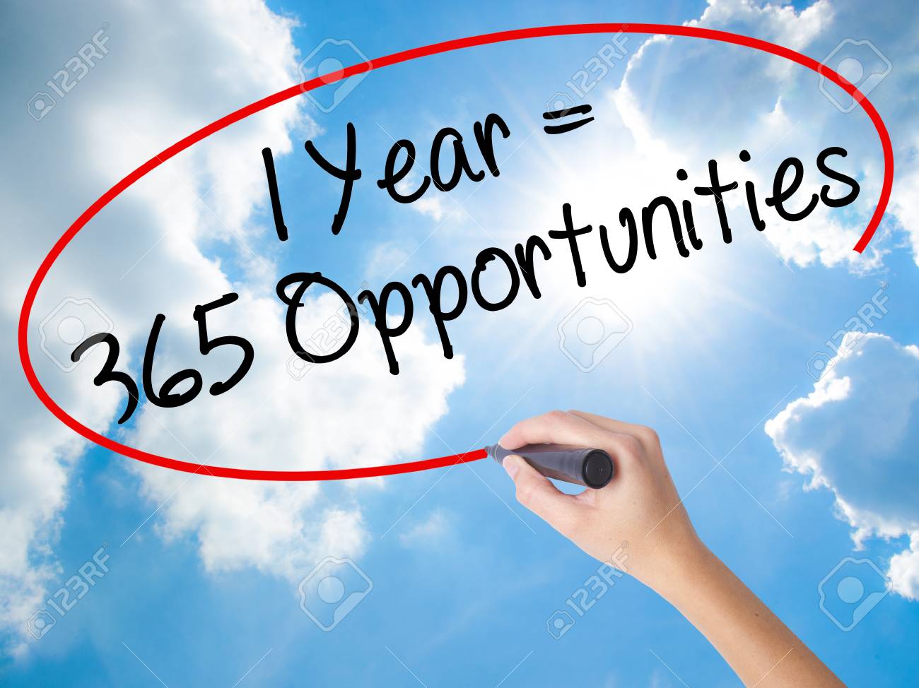 Woman Hand Writing 1 Year 365 Opportunities With Black Marker Stock Photo Picture And Royalty Free Image Image