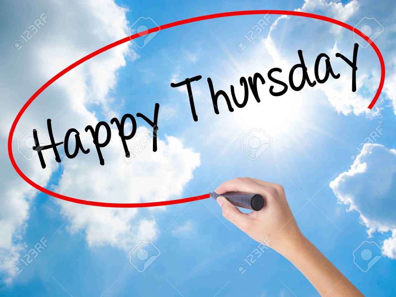 Woman Hand Writing Happy Thursday With Black Marker On Visual ...