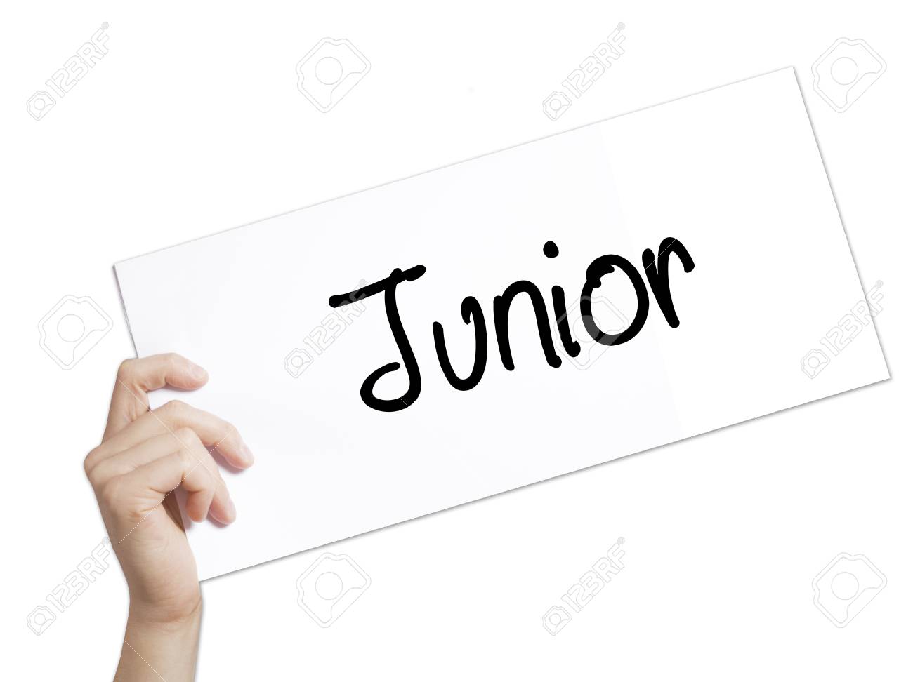 Junior Sign On White Paper. Man Hand Holding Paper With Text. Isolated On  White Background. Business Concept. Stock Photo Stock Photo, Picture and  Royalty Free Image. Image 75729151., image size:1300x972