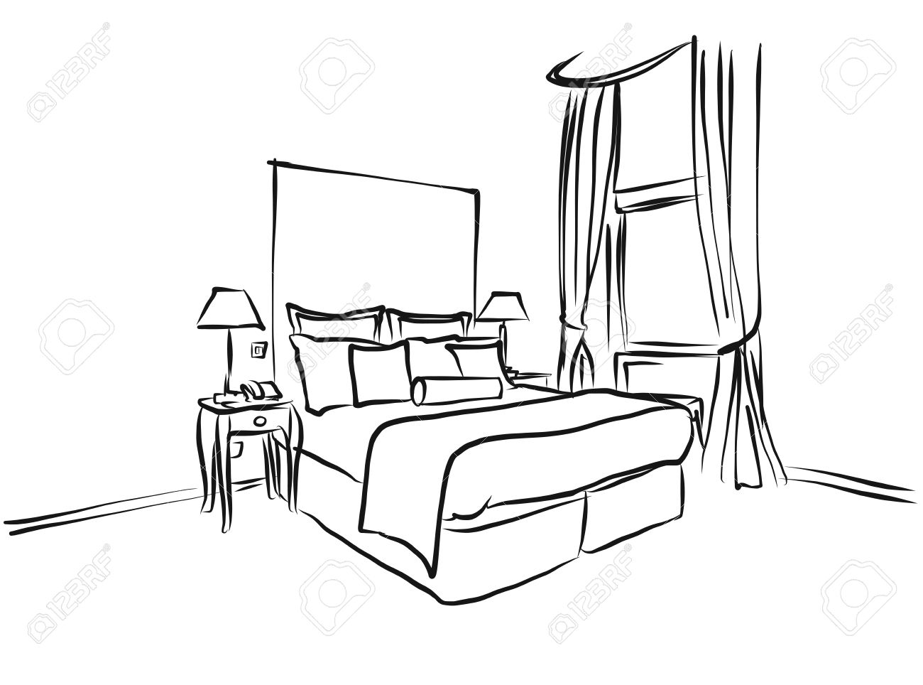 Habitacion Cama King Size Interior Pagina Para Colorear Dibujados A Mano Esquema Sketch Ilustraciones Vectoriales Clip Art Vectorizado Libre De Derechos Image 57277840