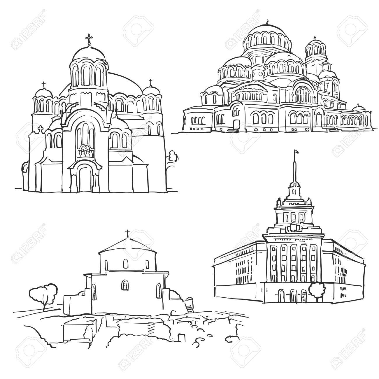 ソフィア ブルガリアの有名な建物 モノクロ概説旅行のランドマーク スケーラブルなベクトル図のイラスト素材 ベクタ Image