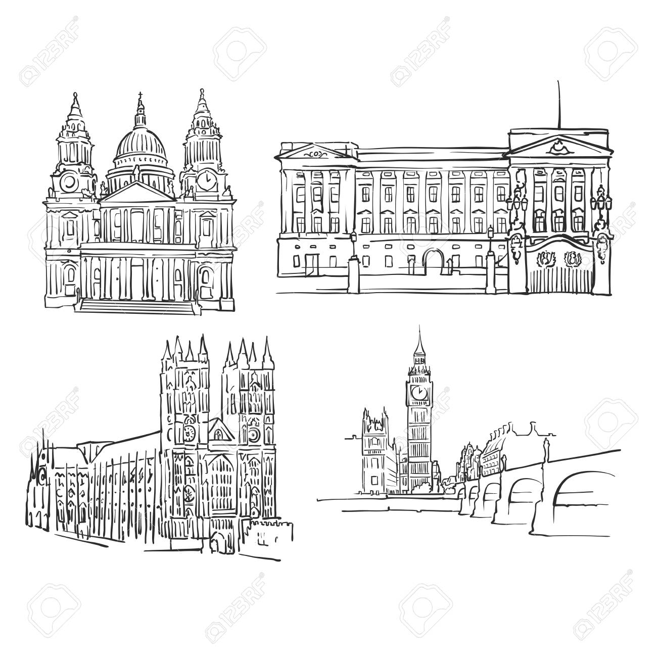 ロンドンの有名な建物 モノクロの輪郭を描かれた旅行のランドマーク スケーラブル ベクター イラスト のイラスト素材 ベクタ Image