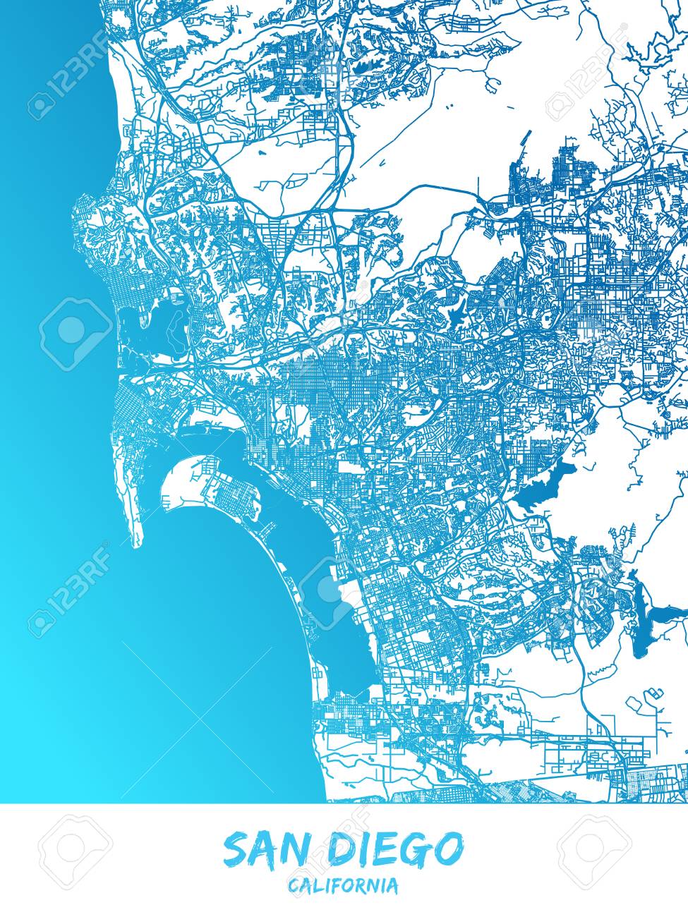 サンディエゴのダウンタウンとその周辺マップは 多くの詳細と青いシェーディングバージョンで サンディエゴのこのマップには 追加情報と色の変更への簡単なアクセスのための余地を持つ典型的なランドマークが含まれています のイラスト素材 ベクタ Image