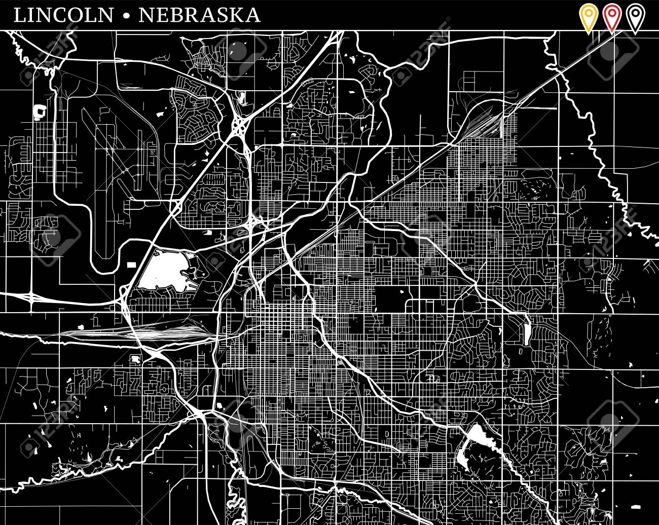 Simple map of Lincoln, Nebraska, USA. Black and white version for clean backgrounds and prints. This map of Lincoln contains three markers who are grouped and can be moved separetly in vector version. - 109847329 Simple map of Lincoln, Nebraska, USA. Black and white version for clean backgrounds and prints. This map of Lincoln contains three markers who are grouped and can be moved separetly in vector version. - 109847329