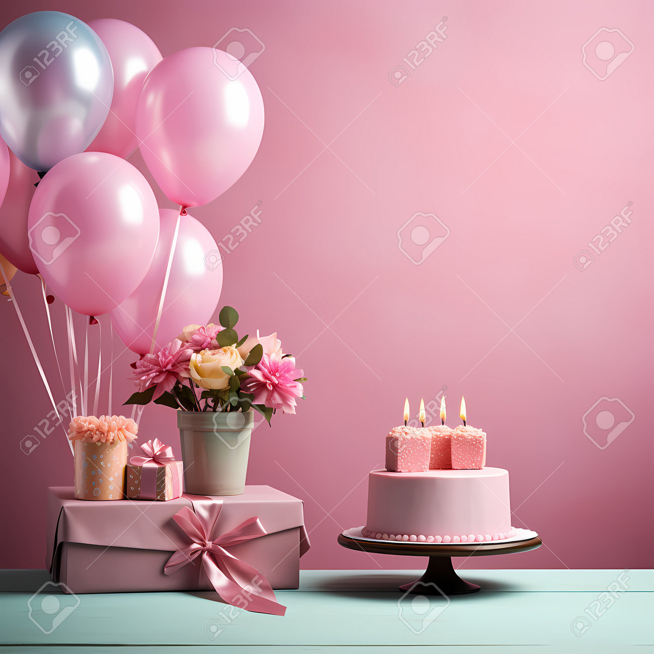 Happy Birthday Background, A Pink Cake With Balloons And Flowers Stock  Photo, Picture and Royalty Free Image. Image 223187494., image size:1300x1300