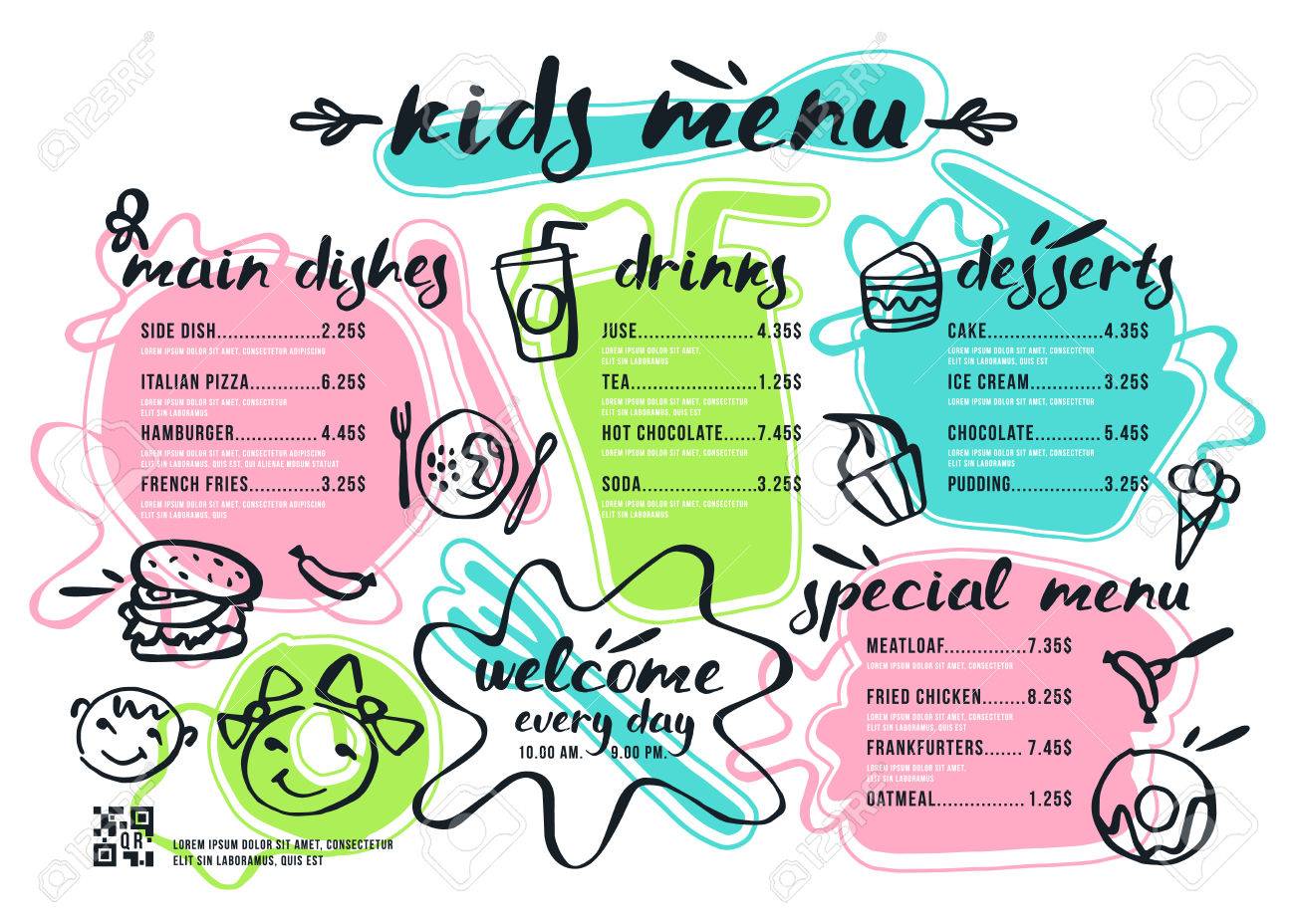 kids menu template with lettering and badges in brush drawing