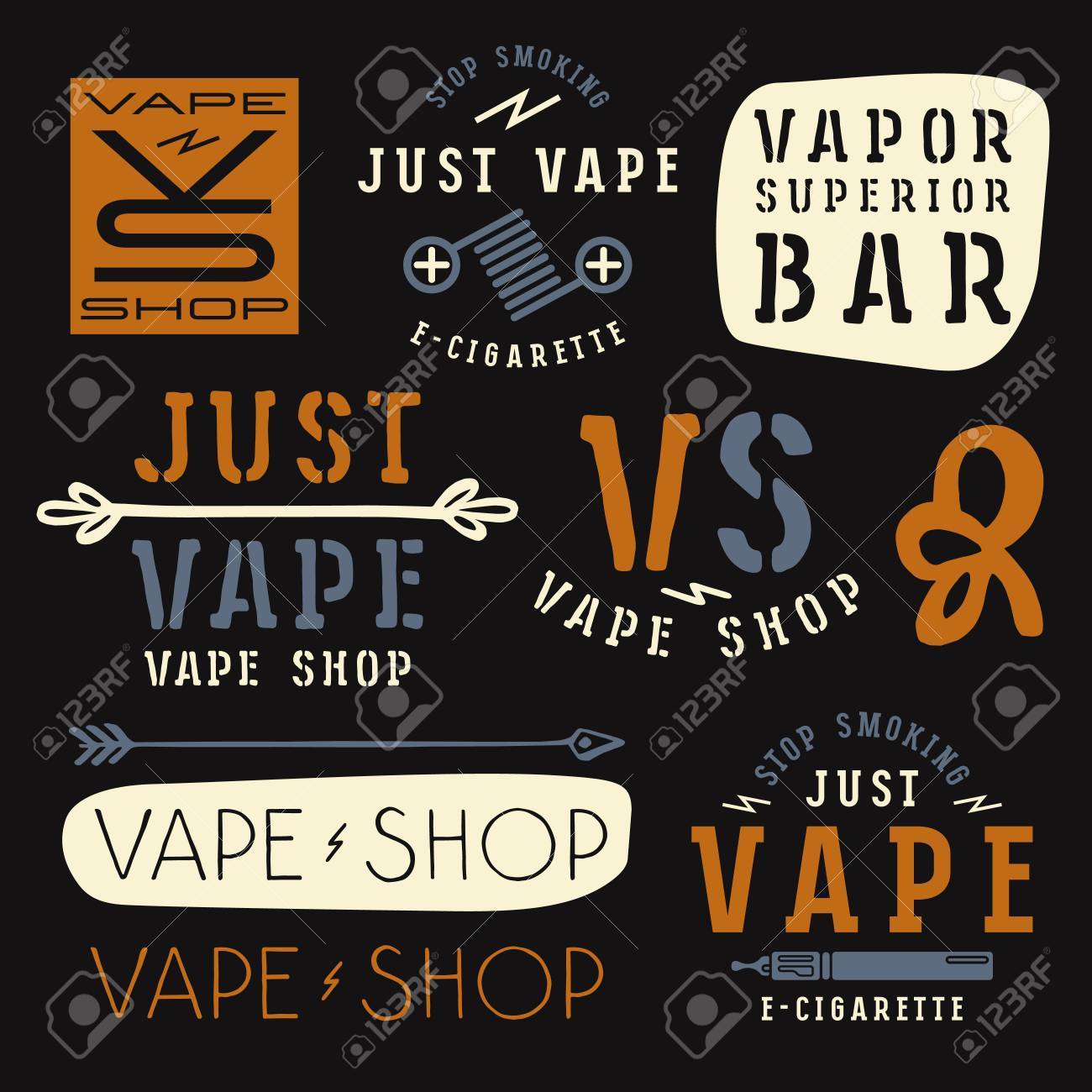 vapor bar and vape shop labels color print on black background