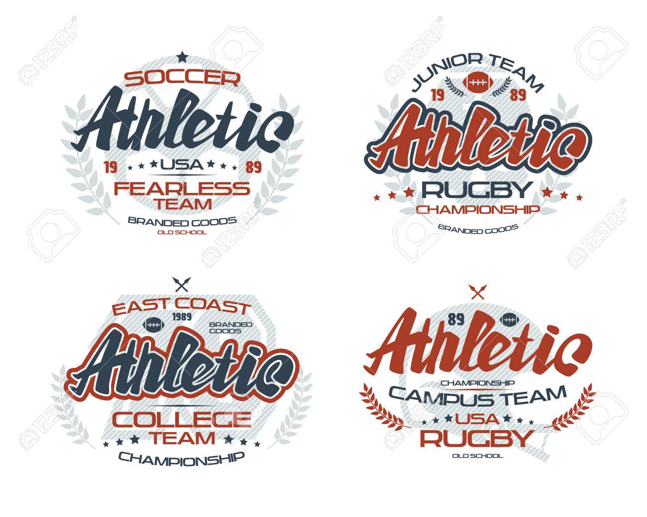 ラグビーとサッカー チーム エンブレム カレッジ T シャツ 白地にカラー印刷のイラスト素材 ベクタ Image