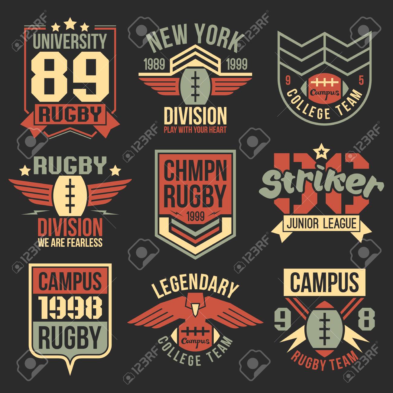レトロなビンテージ スタイルの大学ラグビー チーム エンブレム T シャツのグラフィック デザイン 黒の背景にカラー印刷のイラスト素材 ベクタ Image
