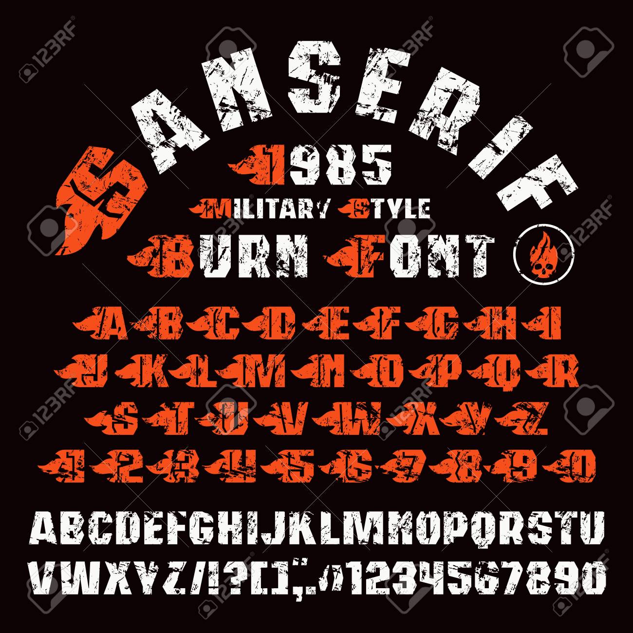 Sanserif La Fuente Y El Conjunto De La Carta Inicial Con Las Llamas Estilizadas Impresión A Color En Fondo Negro