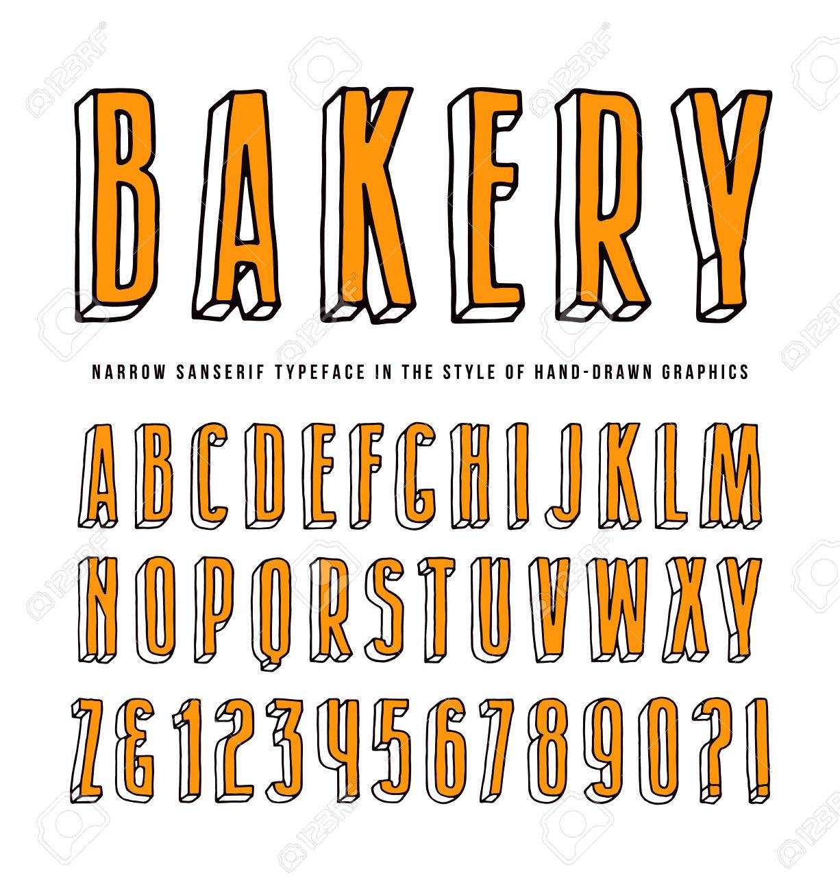 Fuente Decorativa A Sanserif. Tipo De Letra En El Estilo De Gráficos A Mano. Diseño Para Títulos Y Camisetas. Impresión En Color Sobre Fondo Blanco Ilustraciones Svg, Vectoriales, Clip Art Vectorizado