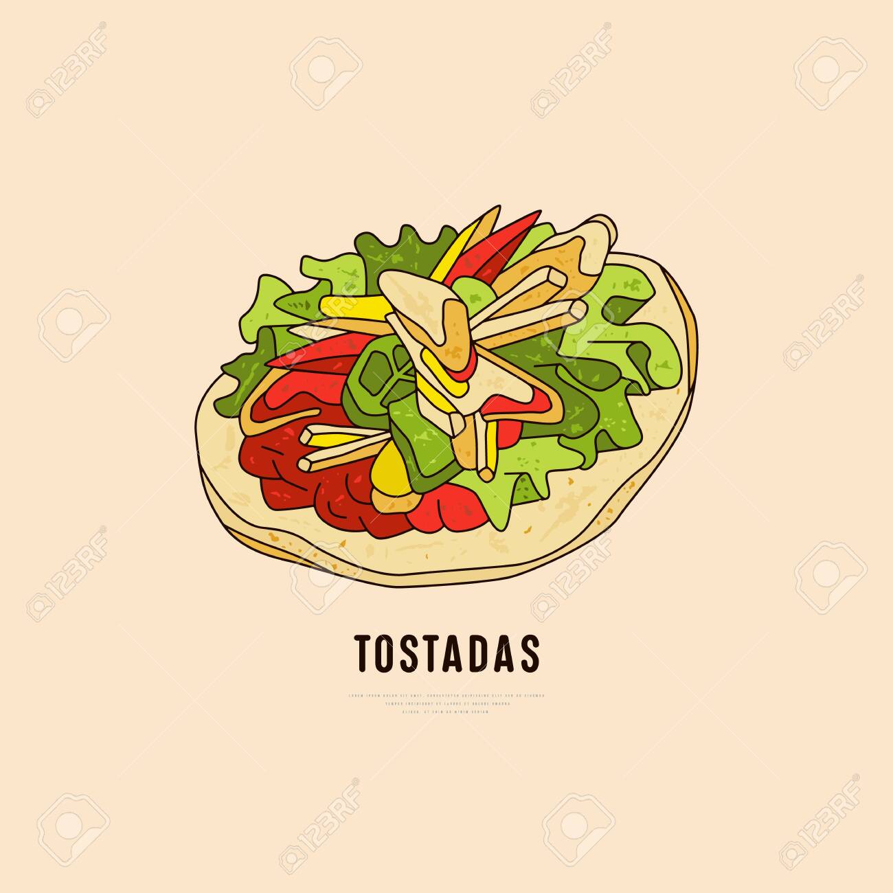 stock-vector-label-design-for-mexican-food-restaurant-illustration-of-tostadas-color-print-on-light-background-royalty-free-svg-cliparts-vectors-and-stock-illustration-image-141044470
