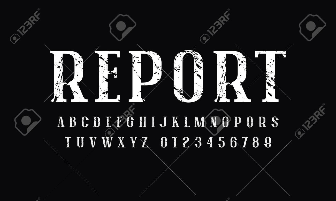 Narrow Serif Font In Newspaper Style Letters And Numbers With Rough Texture For Logo And Headline Design White Print On Black Background Royalty Free Cliparts Vectors And Stock Illustration Image