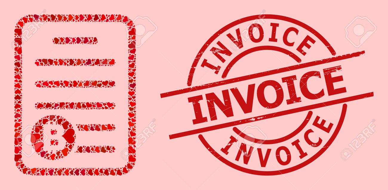 비트코인 가격표를 위한 긴급 송장 봉인과 빨간색 러브 하트 모자이크 빨간색 원형 봉인에는 원형 안에 송장 제목이 포함되어 있으며 비트코인  가격표 모자이크는 빨간색 로맨틱 아이템으로 만들어졌습니다. 로열티 무료 사진, 그림, 이미지 그리고